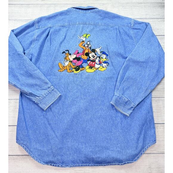 Disney Store Vibtage Denim Button Shirt Embroidered Mickey & Friends Size Lg - Picture 1 of 12